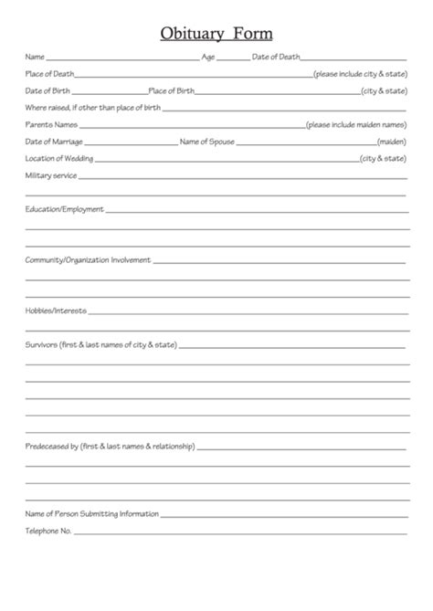 Obituary Form printable pdf download