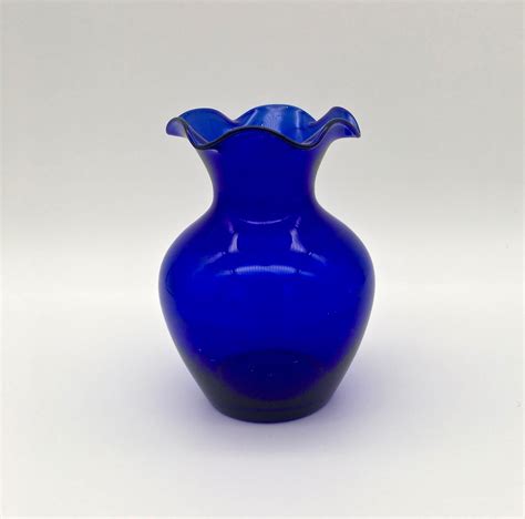 Vintage Cobalt Blue Hand Blown Ruffled Edge Vase Hand Blown Hand