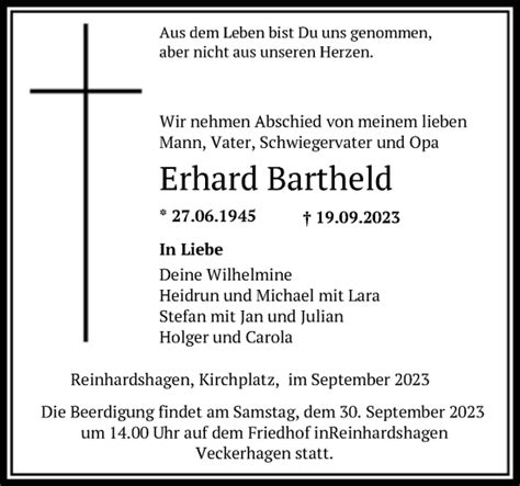 Traueranzeigen Von Erhard Bartheld Trauer Hna De