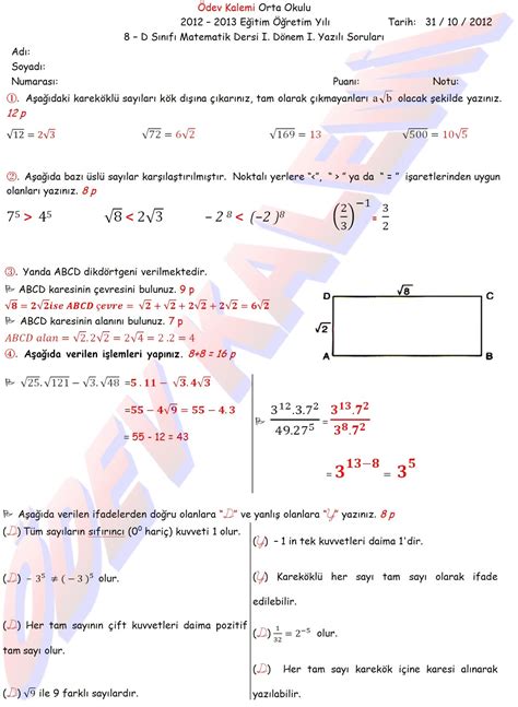 8 Sinif Matematik Dersi 1 Dönem 1 Yazili Sinav Sorulari ve Cevap