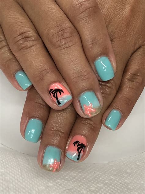 Summer Vacation Aqua Coral Beach Palm Tree Star Fish Gel Nails