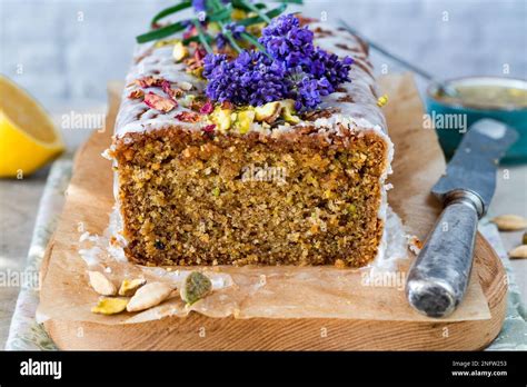 Pistachio Cardamom And Lemon Drizzle Cake Stock Photo Alamy