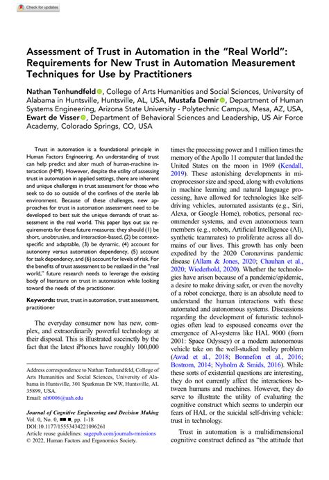 Pdf Assessment Of Trust In Automation In The Real World