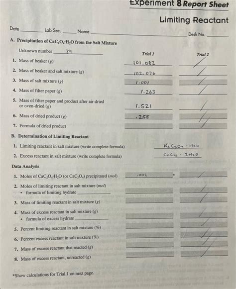 Experiment 8 Report Sheet Limiting Reactant Date Lab