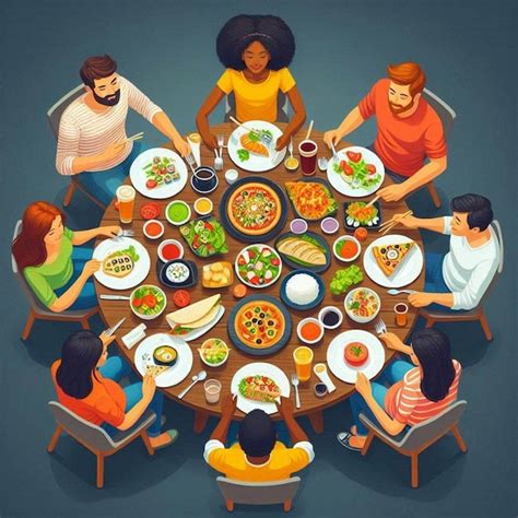 A group of people sit around a round table with food and drinks ...