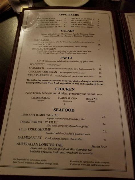 Menu at The San Franciscan steakhouse, Torrance