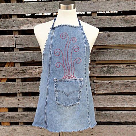 Red Steam Blue Jean Apron Upcycled Denim Apron Men Or Etsy Denim