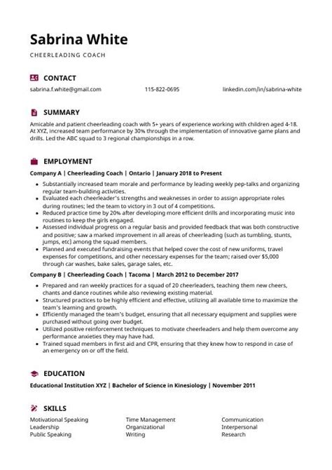 Cheerleading Coach Resume Cv Example And Writing Guide