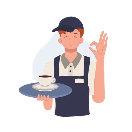 Best Premium Waiter Carrying A Tray With Coffee Is Doing Okay Hand Sign