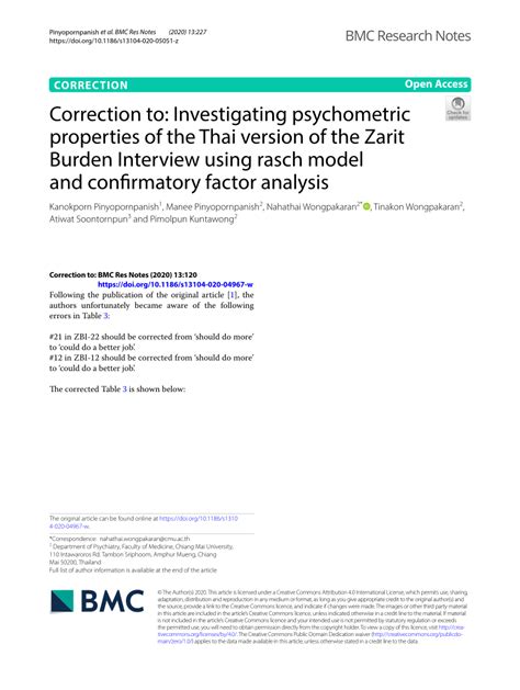 Pdf Correction To Investigating Psychometric Properties Of The Thai Version Of The Zarit