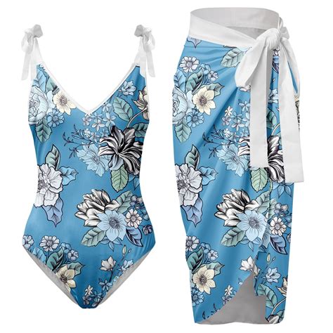 Women One Piece Swimsuit Set Cover Up Set Retro Print Swimwear Monokini