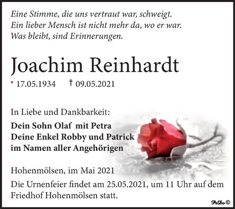 Traueranzeigen Von Joachim Reinhardt Abschied Nehmen De