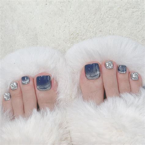 Press On Toenails Blue Square Cat Eye Fake Toenails Glitter Bling Design Fake Nails