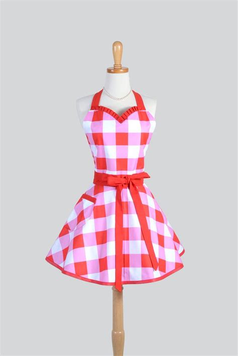 Sweetheart Apron Vintage Large Red And Pink Gingham Check Flirty