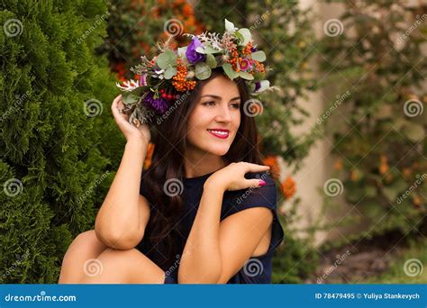 Pretty Woman In A Flower Crown Stock Image Image Of Sitting Dreamy