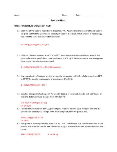 Calculating Heat And Specific Heat Worksheets