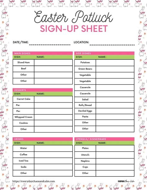 7 Free Easter Potluck Sign Up Sheets Pdf Printable