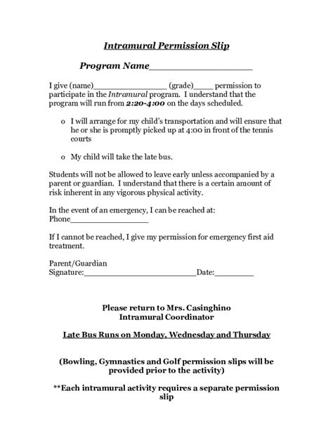 Fillable Online Intramurals Intramural Permission Form Fax Email