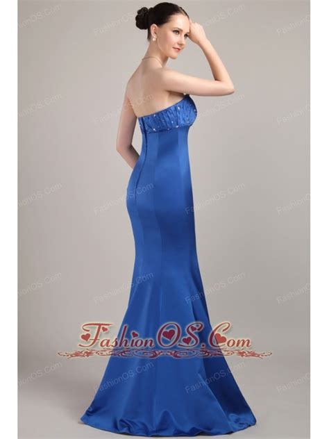 Blue Trumpet Mermaid Strapless Floor Length Satin Beading Prom Dress