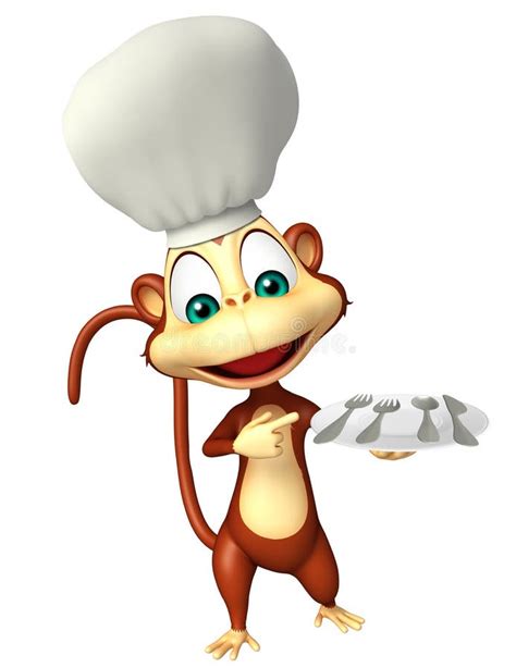 Monkey Cartoon Character With Chef Hat And Dinner Plate Stock