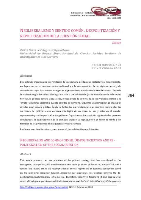 Pdf Neoliberalismo Y Sentido ComÚn DespolitizaciÓn Y RepolitizaciÓn De La CuestiÓn Social