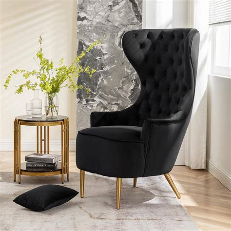 Kinwell Black Velvet Wingback Chair With Tufted Cushions Set Of