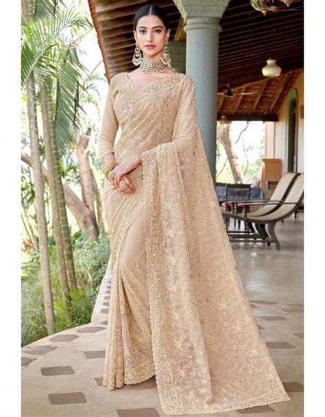 Beige Embroidered Georgette Saree Georgette Sarees Party Wear Sarees