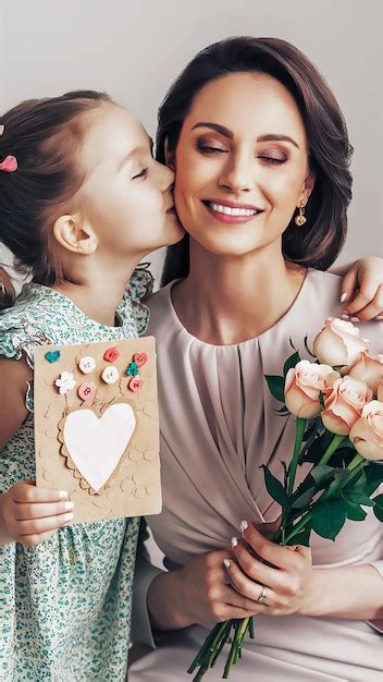 Uma mãe e uma filha estão a beijar um bolo um cartão que diz dia