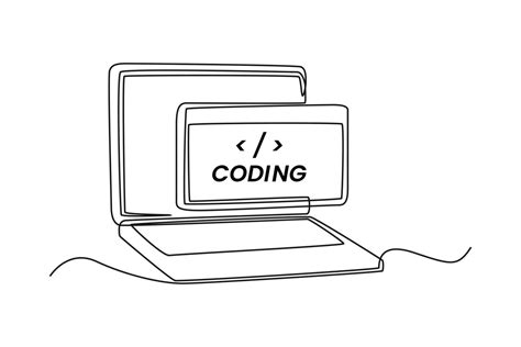 Single one line drawing laptop for coding. Programming code concept. Continuous line draw design ...