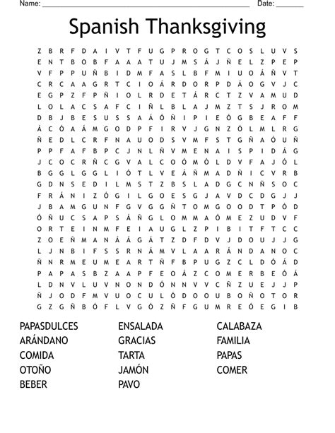 Free Printable Spanish Thanksgiving Word Search Word Search Maker