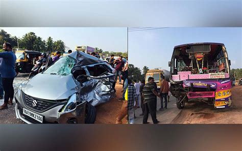 Padubidri Over Speeding Car Jumps Road Divider Hit Bus On Other Lane