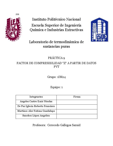 Reporte 9 de termo de sustancias puras 1 298 Instituto Politécnico