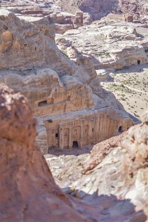 Ancient Tomb Carved Into The Rock In The City Of Petra Seen From Above