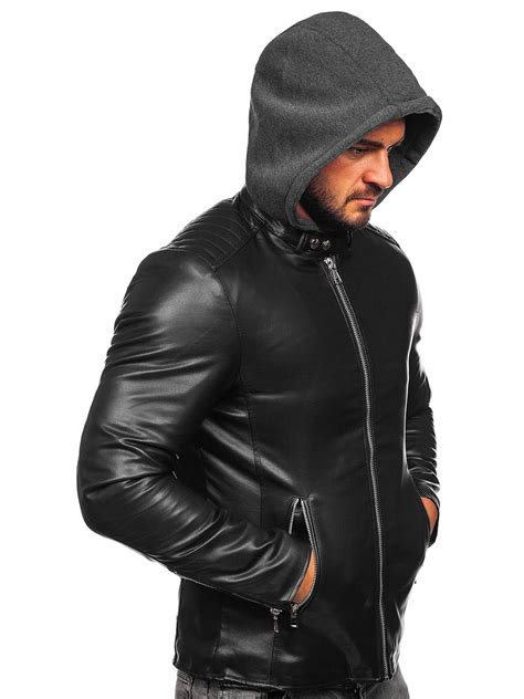 Bolf Herren Kunstlederjacke Biker Mit Kapuze Schwarz Z