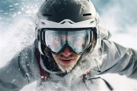 Premium Ai Image Snowboarder Descending Slope In Helmet Closeup Shot Ai