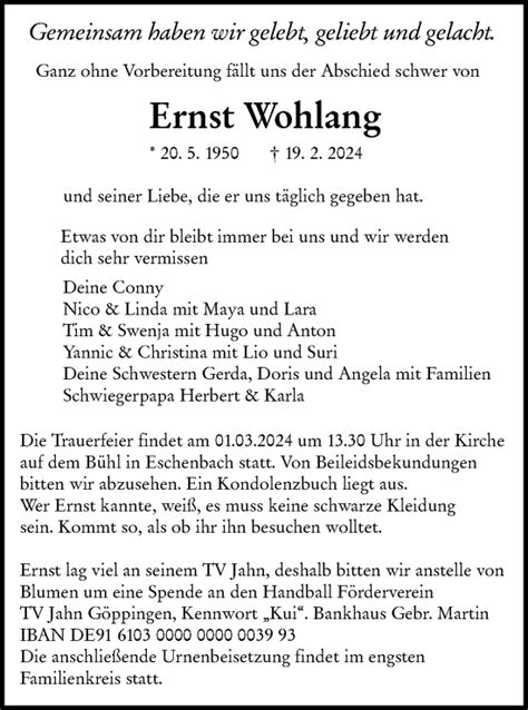 Traueranzeigen von Ernst Wohlang Südwest Presse Trauer