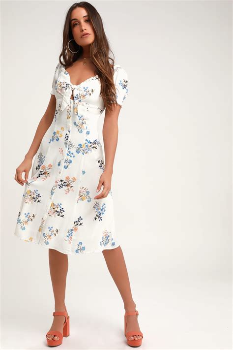 Ida White Floral Print Tie Front Midi Dress Knee Length Floral Dress