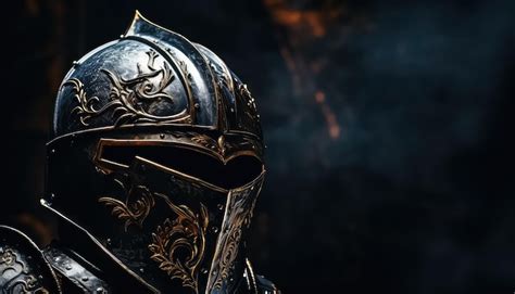 Knights Helmet And Armor On A Black Background Premium AI Generated Image