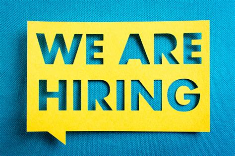 Concept Of Recruitment And Job Search We Are Hiring Yellow Banner On Blue Textured Background