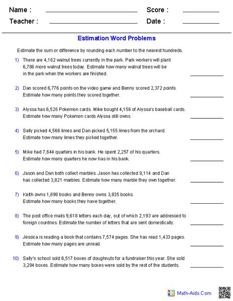 Estimation Worksheets Dynamically Created Estimation Worksheets For