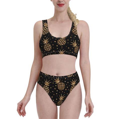 Lukts Women High Waisted Bikini Set Gold Glitter Pineapples Swimsuit 2