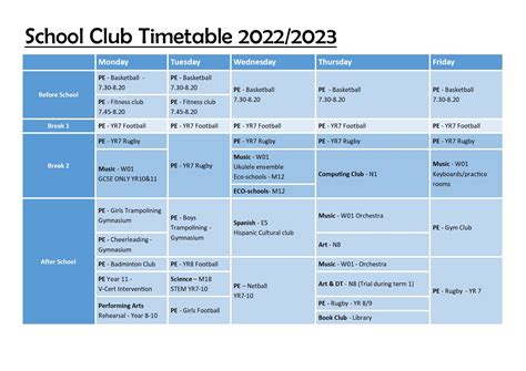 Hornchurch High School Club Timetable