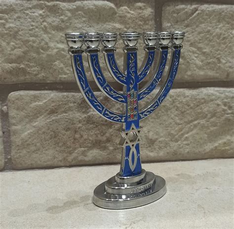 Joodse Menorah 7 Tak Zilver Blauw Chanoeka Israël Jeruzalem Etsy