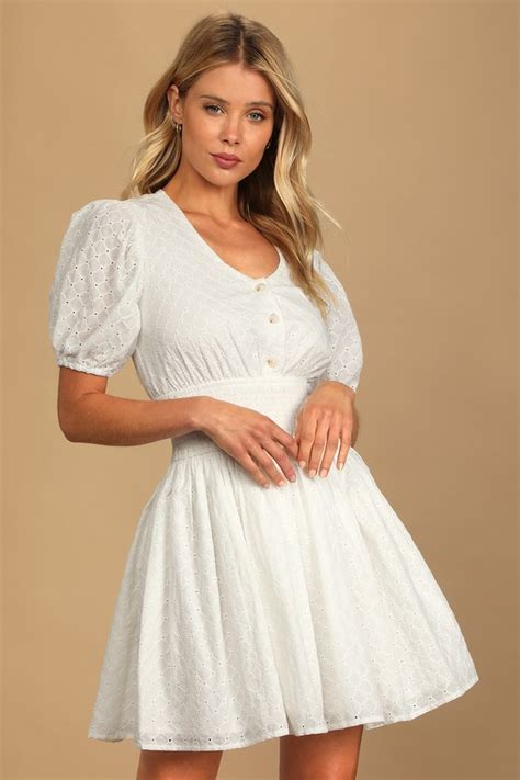 White Eyelet Dress Cotton Mini Dress Puff Sleeve Dress Lulus