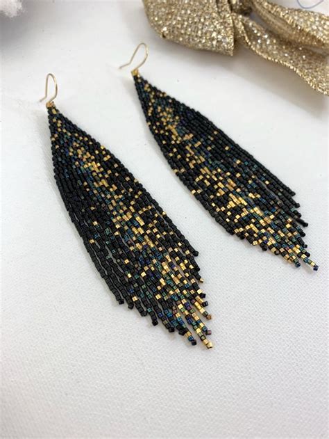 Black And Gold Galaxy Beaded Earrings Statement Boho Earrings Unique