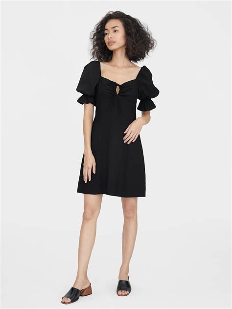 Mini Puffed Sleeves Front Tie Dress Black Pomelo Fashion