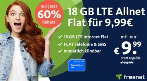 Freenet Telefónica LTE 18 GB Allnet Flat SMS Flat mtl kündbar für