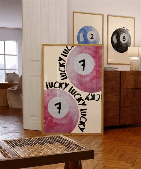 Vintage Pool Ball Print Retro Hand Drawn Wall Art Trendy Lucky 7 Ball