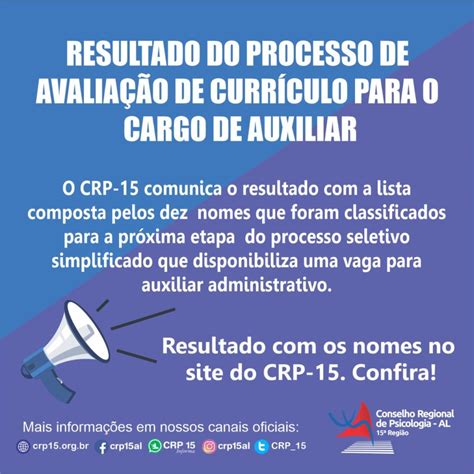 Conselho Regional De Psicologia 15ª Região Resultado Do Processo De AvaliaÇÃo De CurrÍculo