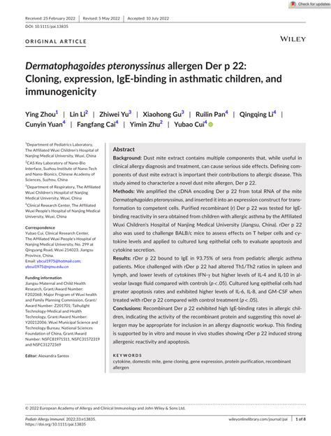 Pdf Dermatophagoides Pteronyssinus Allergen Der P Cloning